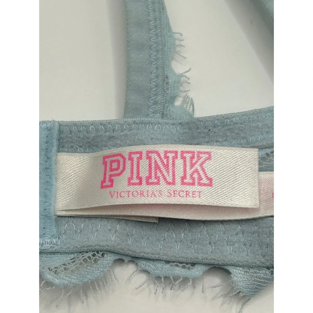 Victoria's Secret PINK Light Blue Lace Unlined Underwire‎ Bra 36C Eyelash Trim